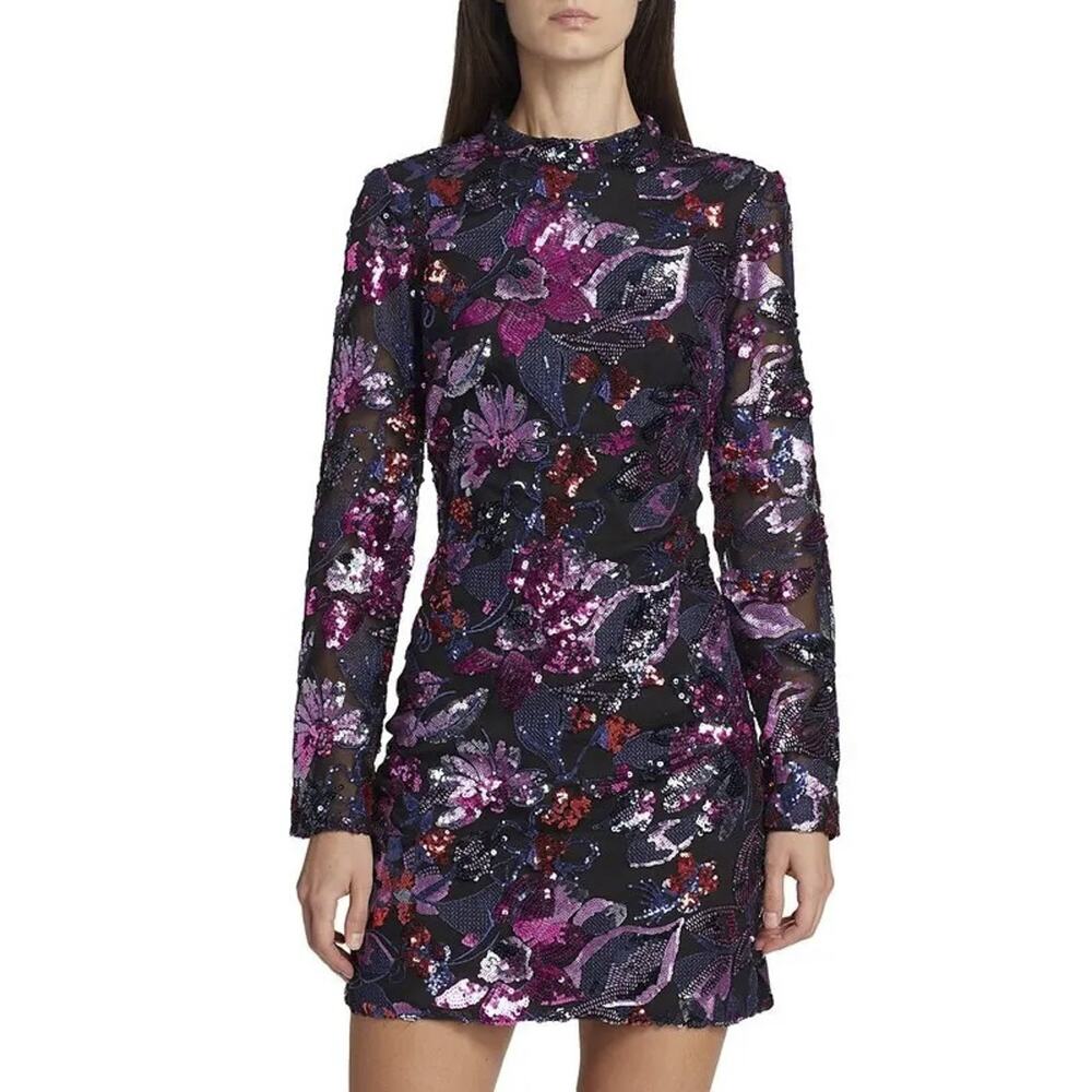 Monique Lhuillier Floral Sequin Long Sleeve High Neck Mini Dress Size 2